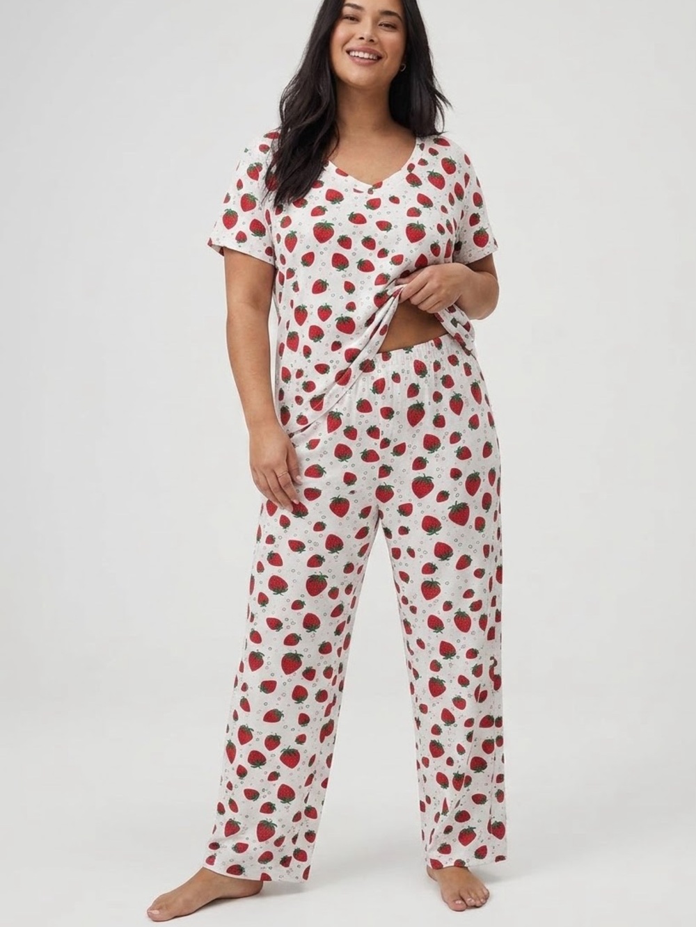 Catalog Favorites 100% Cotton Strawberry Print V-neck Pajama Pants Set